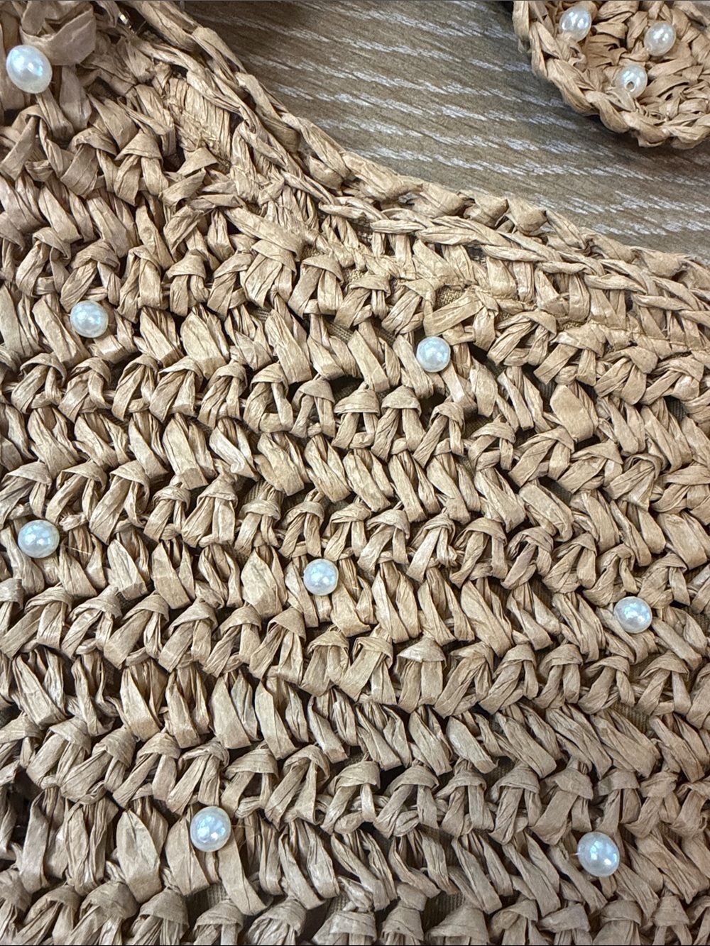 Haute Hippie Hand Bag Faux Pearls Natural Beige Straw Crescent Hobo Boho Coastal - Picture 6 of 9